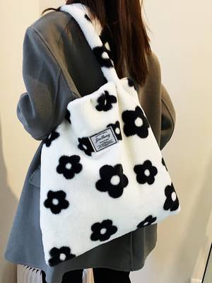 Faux Shearling Cartoon Graphic Tote Bag - Women Tote Bags