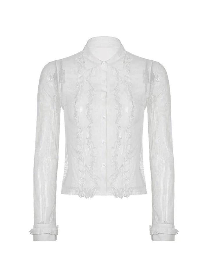Maxct-Ruffle Trim Sheer Mesh Long Sleeve Blouse