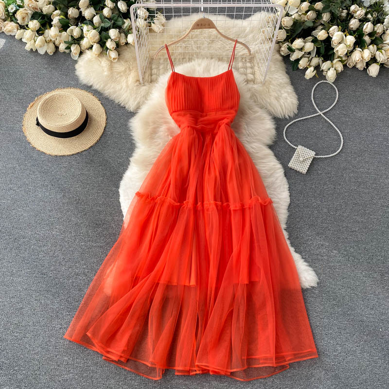 Women's Sexy Mesh Spaghetti Strap Long Dress Summer Orange/Purple/Blue/Pink Ruffle A-Line Beach Robe Female Elegant Party Vestidos