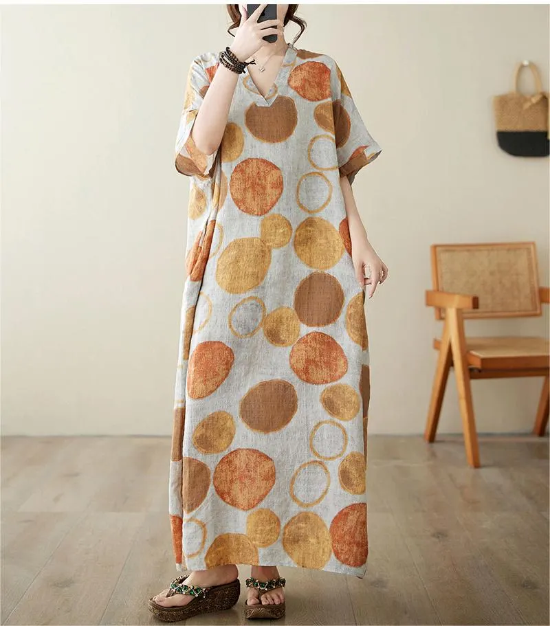 Women Summer V-Neck Cotton Linen Loose Dress