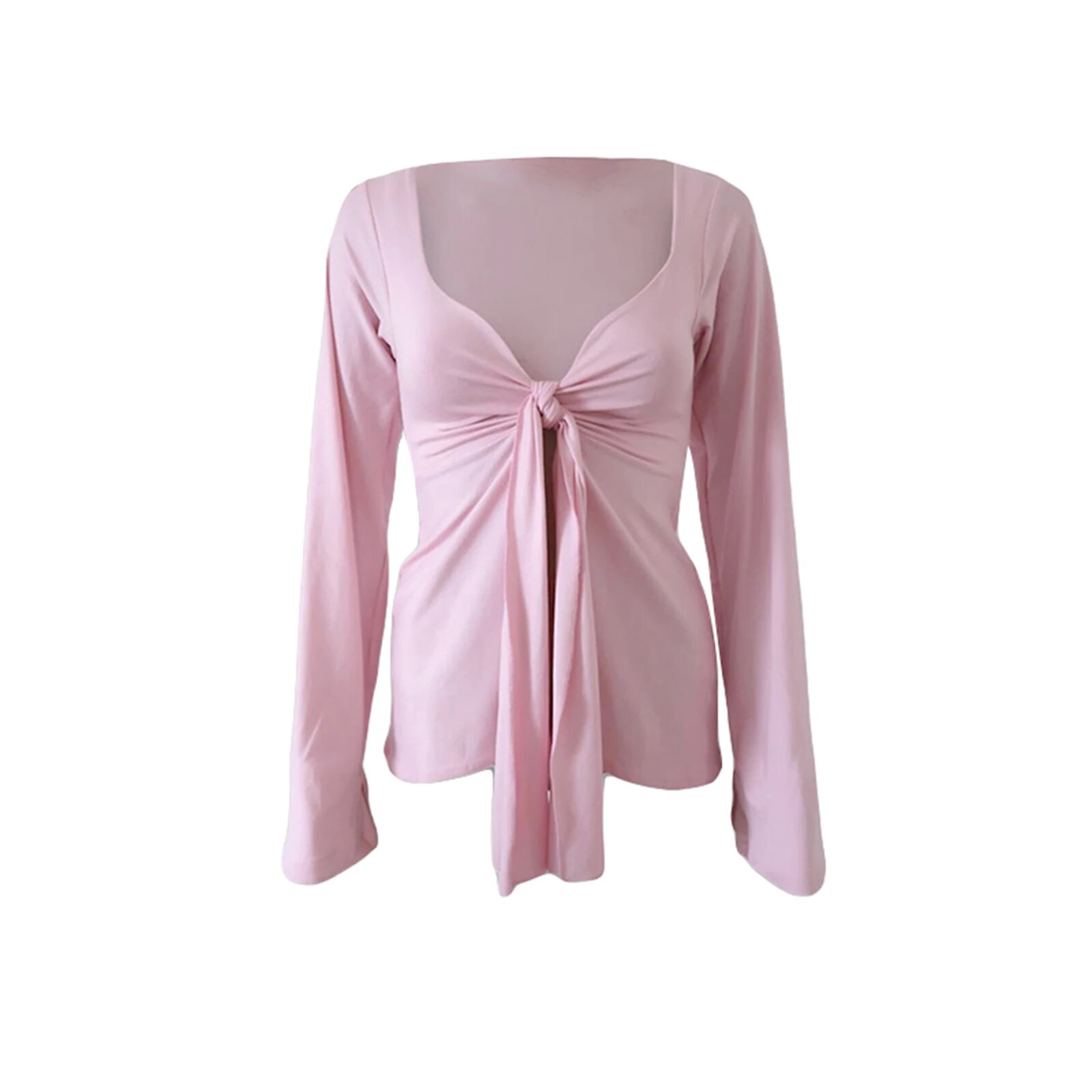 Maxct Womens Long Sleeve T-Shirts Solid Color Deep V-Neck Front Tie Split Bow Knot Casual Fall Winter Fashion Slim Fit Tops