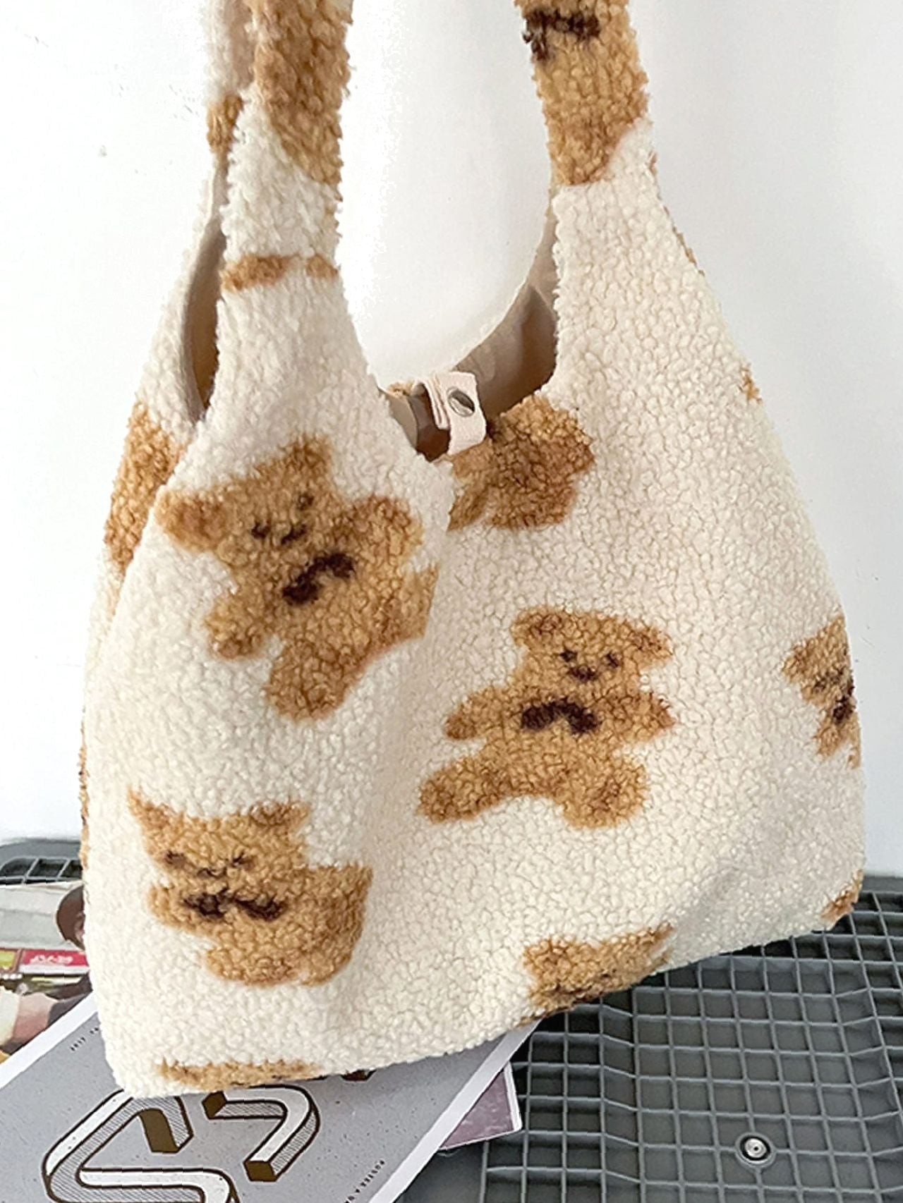 Maxct - Faux Shearling Cartoon Graphic Tote Bag  - Women Tote Bags