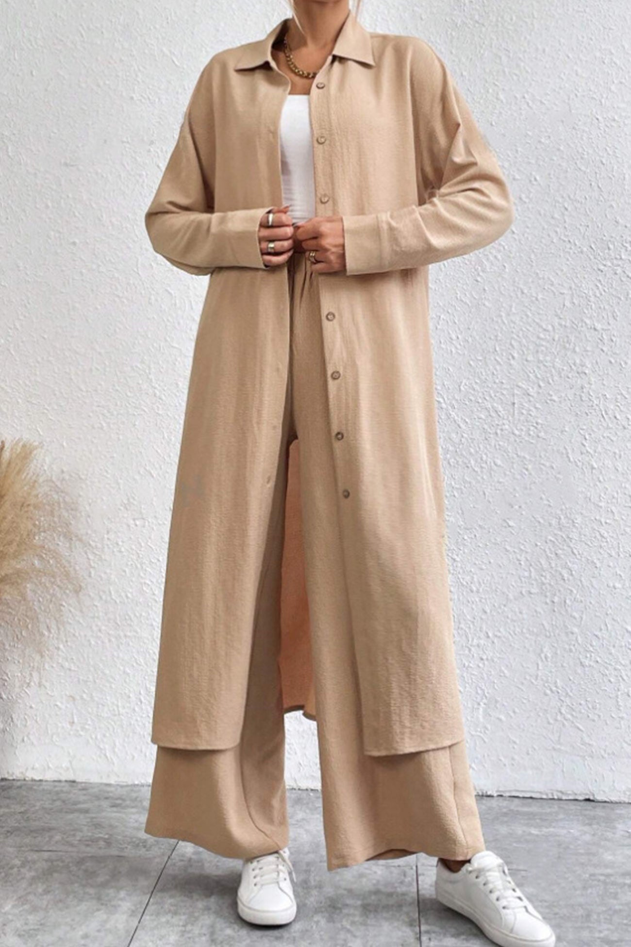 Maxct Solid Long Shirt Wide Leg Pants Set