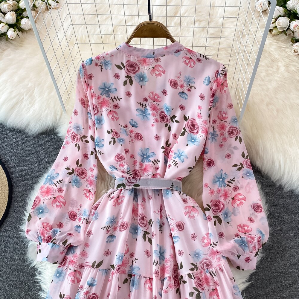 Floral Midi Dress Women Elegant V-Neck Lantern Long Sleeve High Waist Draped A-Line Casual Vestidos Female Spring Autumn