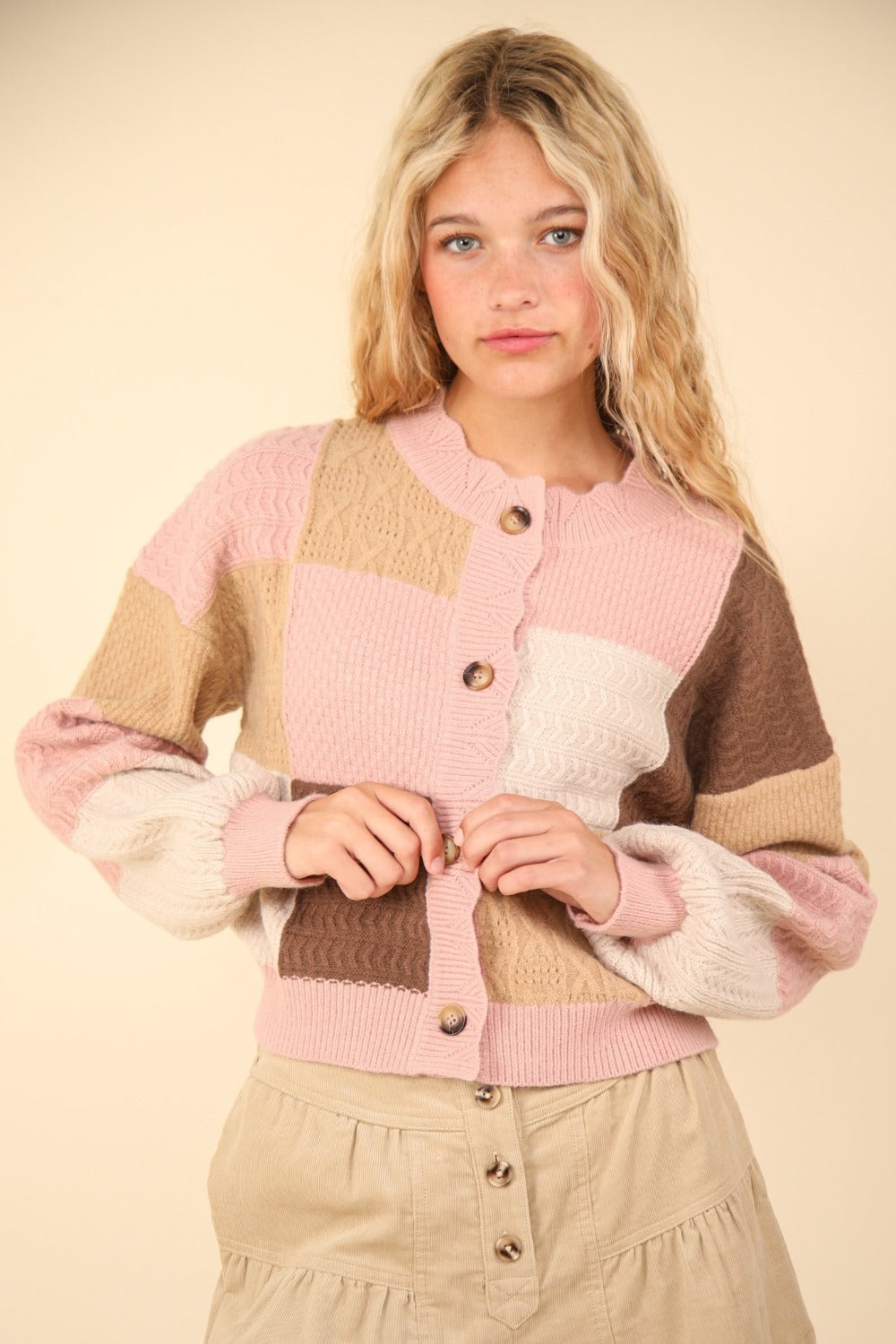 Maxct &VERY J Color Block Button Down Textured Sweater Cardigan