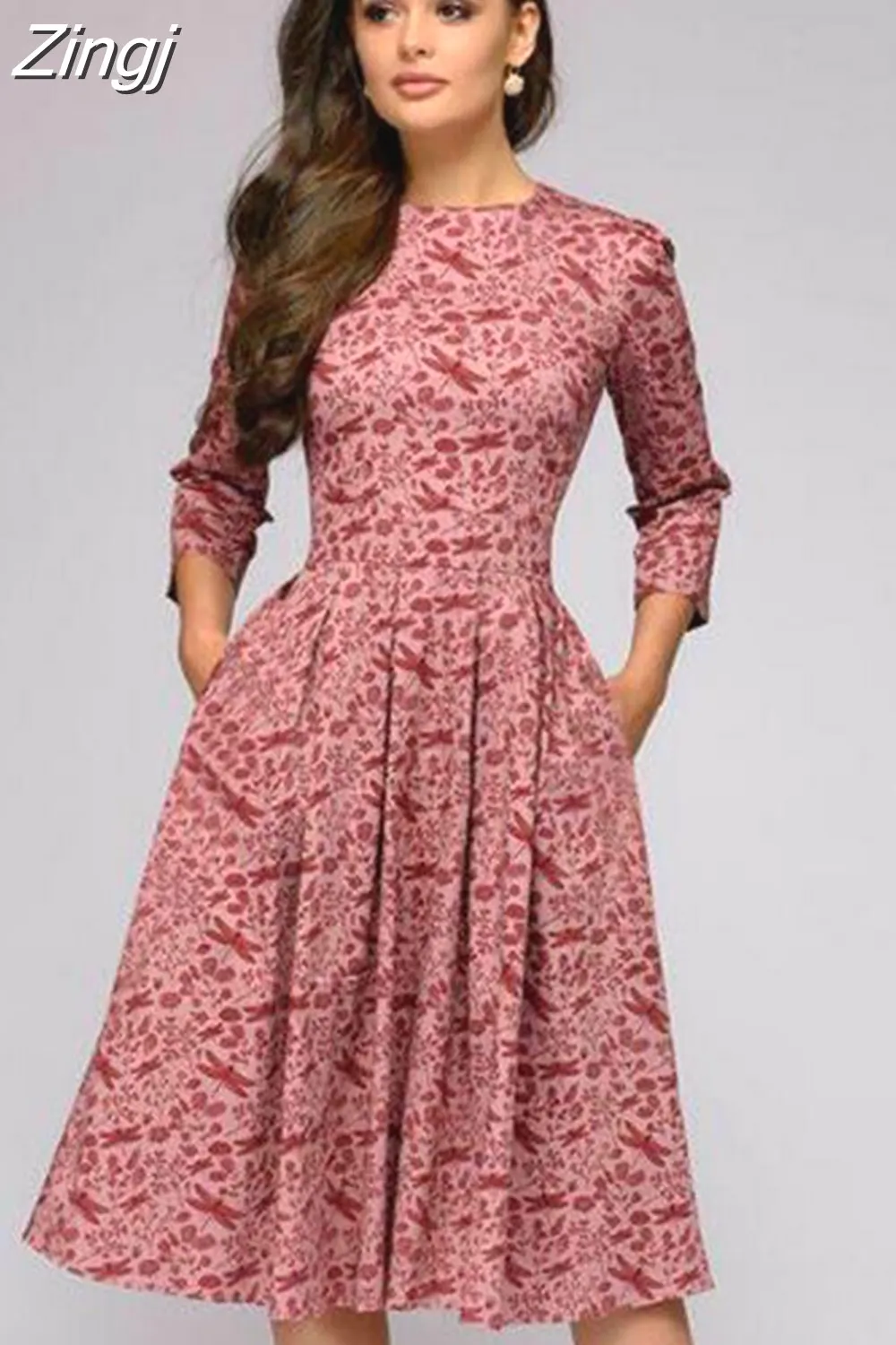 Maxct pleated tunic print dress women Elegant ladies A line dresses Long sleeve female autumn mixi party dress vestidos