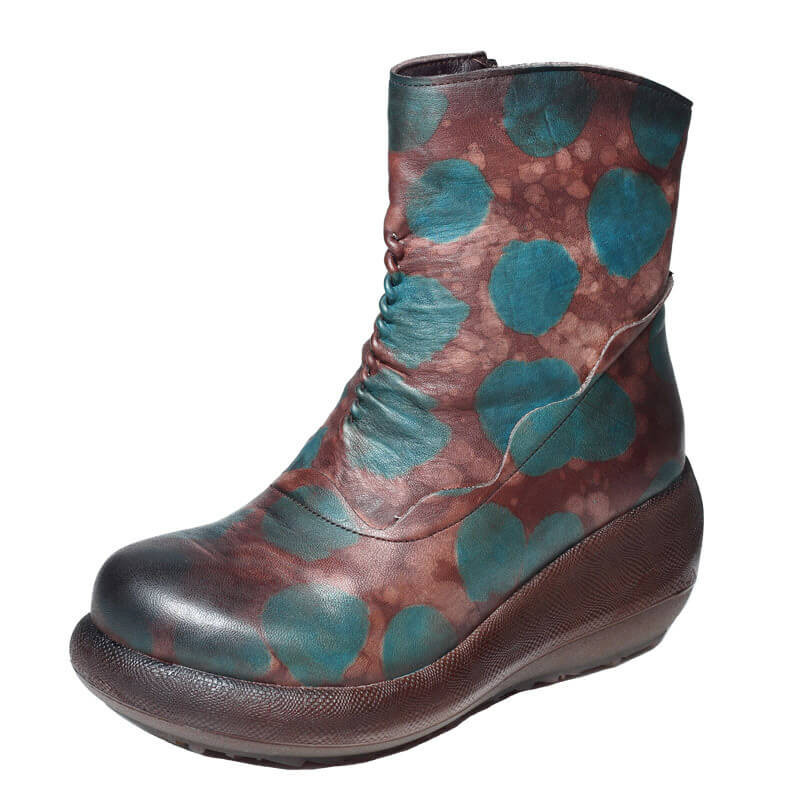 Maxct Women Autumn Winter Retro Leather Thick- Soled Wedge Heel Boots
