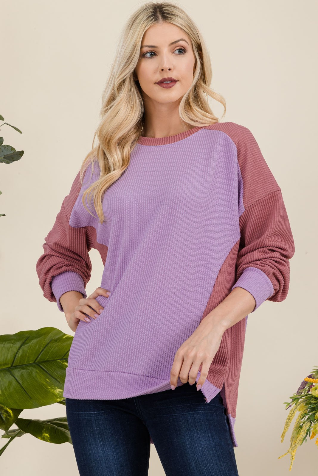 Maxct &Celeste Full Size High-Low Contrast Round Neck Sweatshirt