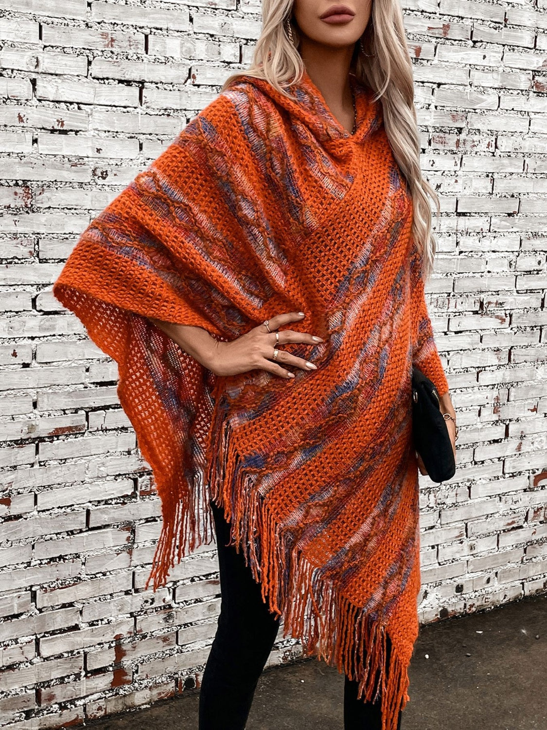 Maxct &Fringe Contrast Hooded Poncho