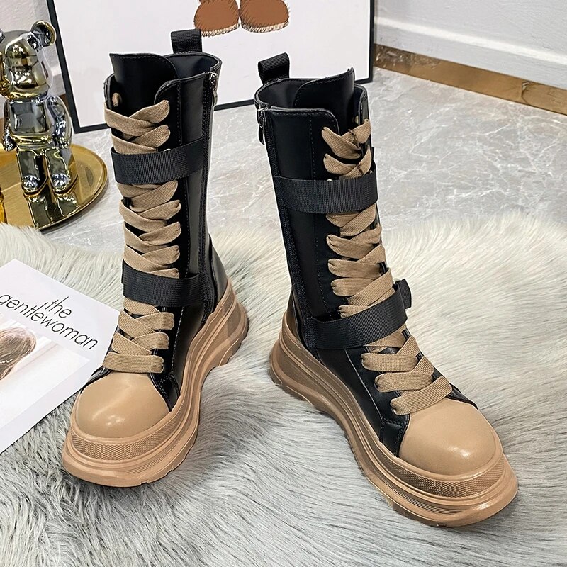 Platform Boots PU Leather Mid-Calf Combat for Women