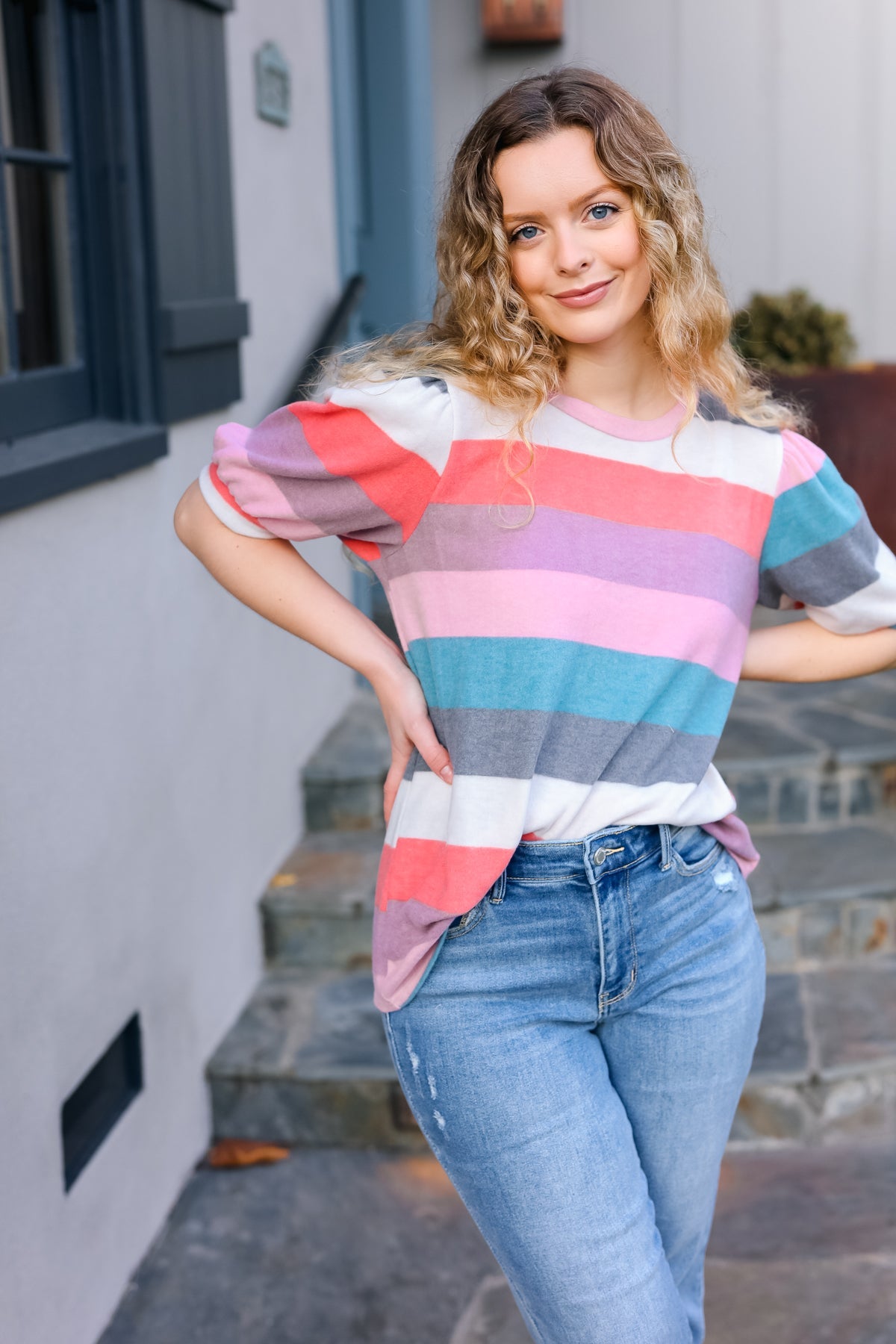 Maxct &Look Out Teal & Rose Striped Hacci Knit Puff Sleeve Top