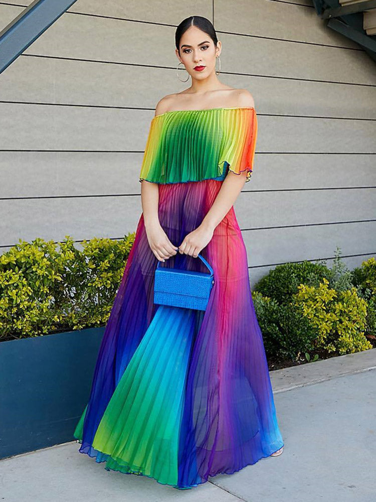 Off Shoulder Colorful Ombre Pleated Maxi Dress Maxct