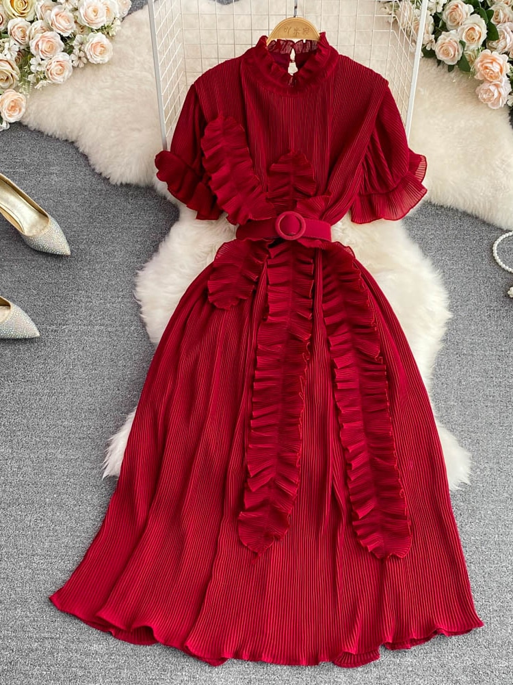 Maxct Women Pleated Midi Dress Purple/Red/White Stand Collar Short Flare Sleeve High Waist A-Line Ruffle Party Vestidos Female
