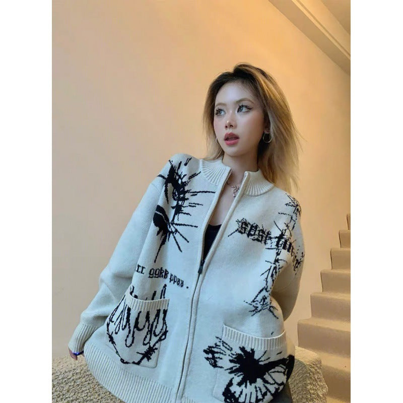 Maxct Different Print Big Pocket Knit Cardigan