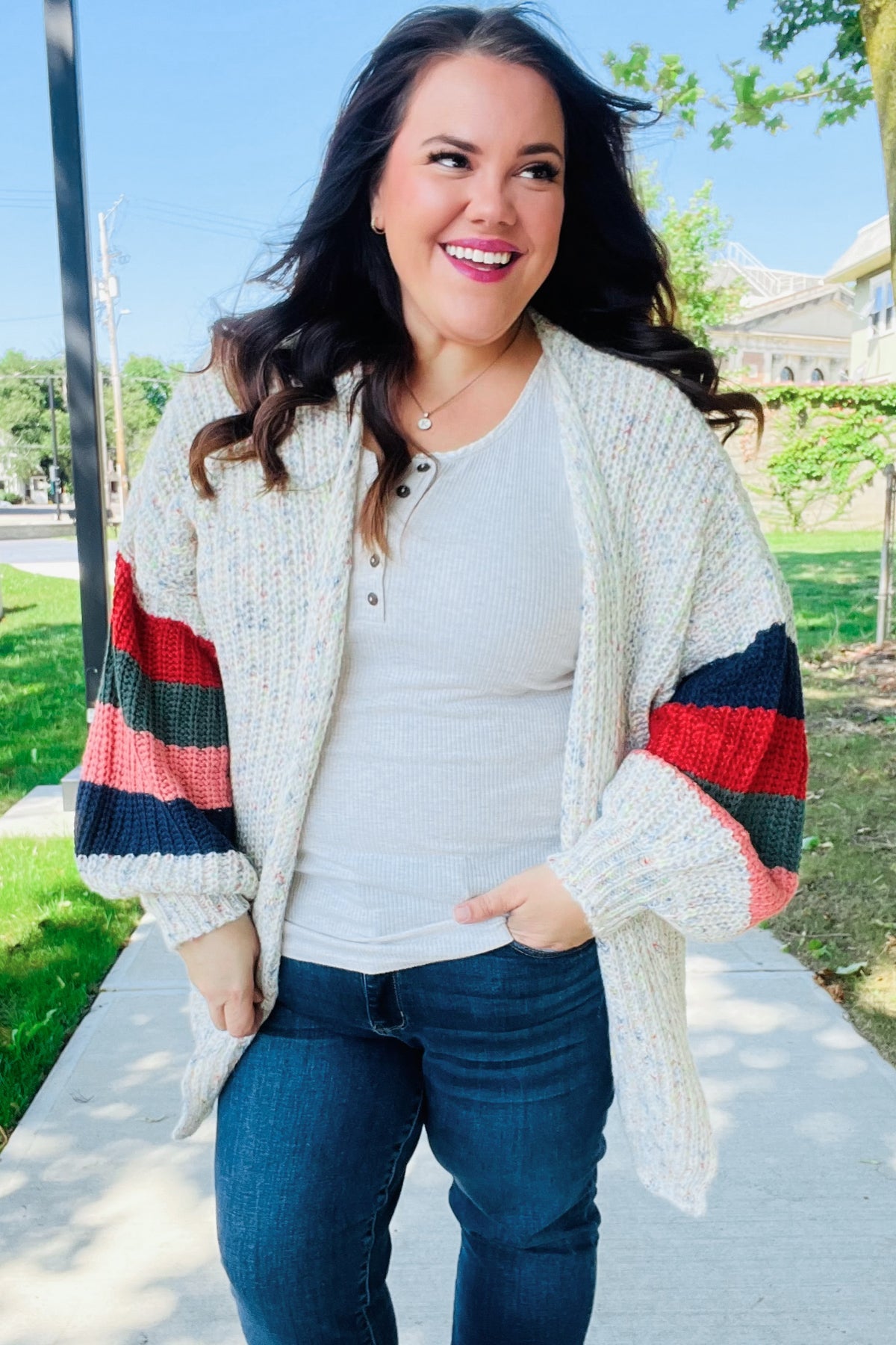 Maxct &Weekend Ready Ivory Multicolor Mixed Thread Bubble Sleeve Cardigan