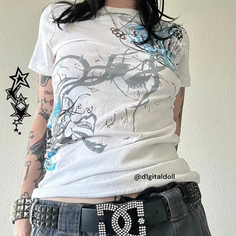 Maxct Cyber Grunge E-girl Gothic Crop Tops Women's T-shirt 00s Retro Graphic Print Short Sleeve Tees Harajuku Japanese Y2K Clothes