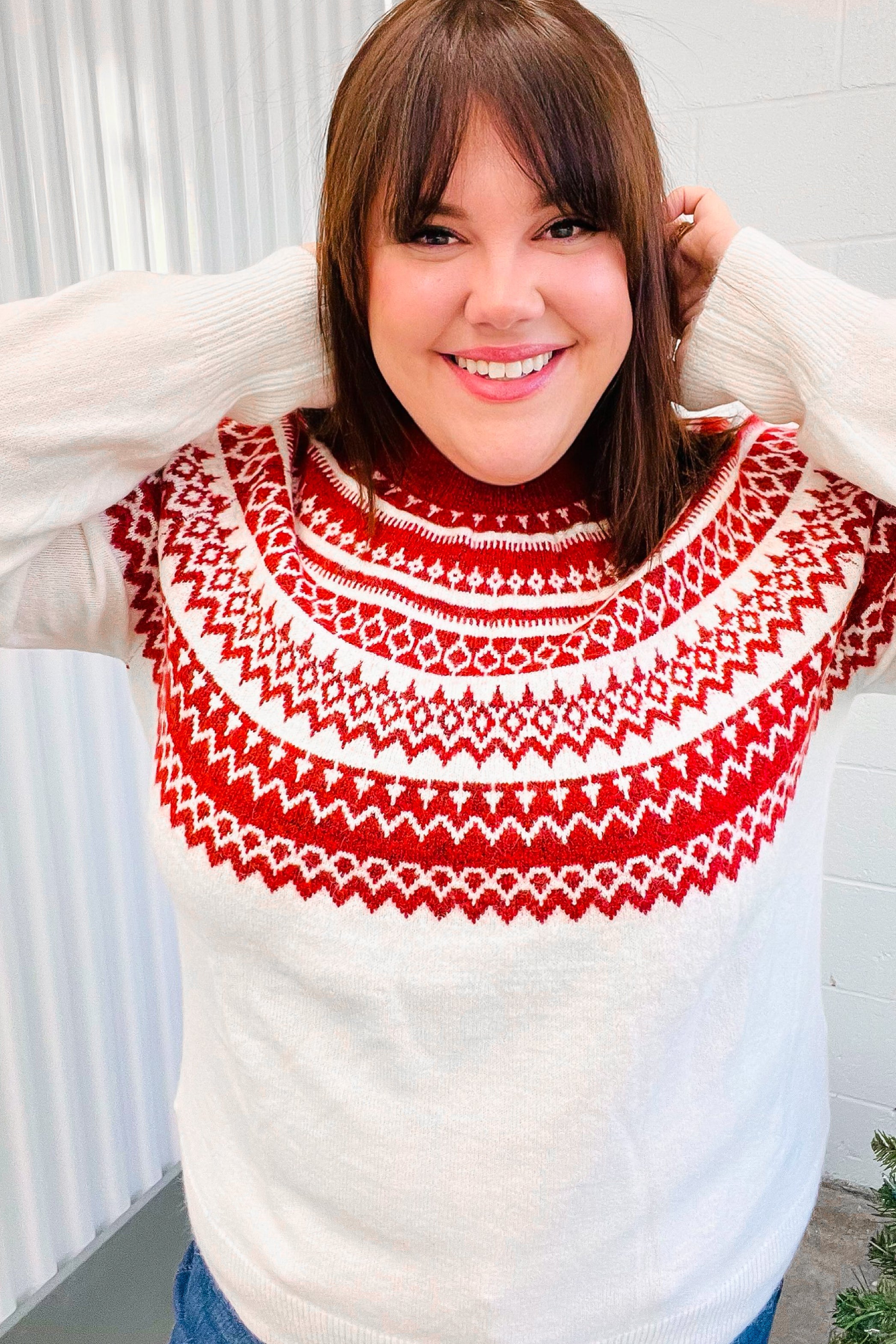 Maxct &Feeling Festive Ivory & Red Fair Isle Mock Neck Sweater