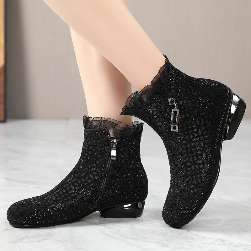 Fashion Rhinestones Hollow Out Thick Heel Short Boots for Women