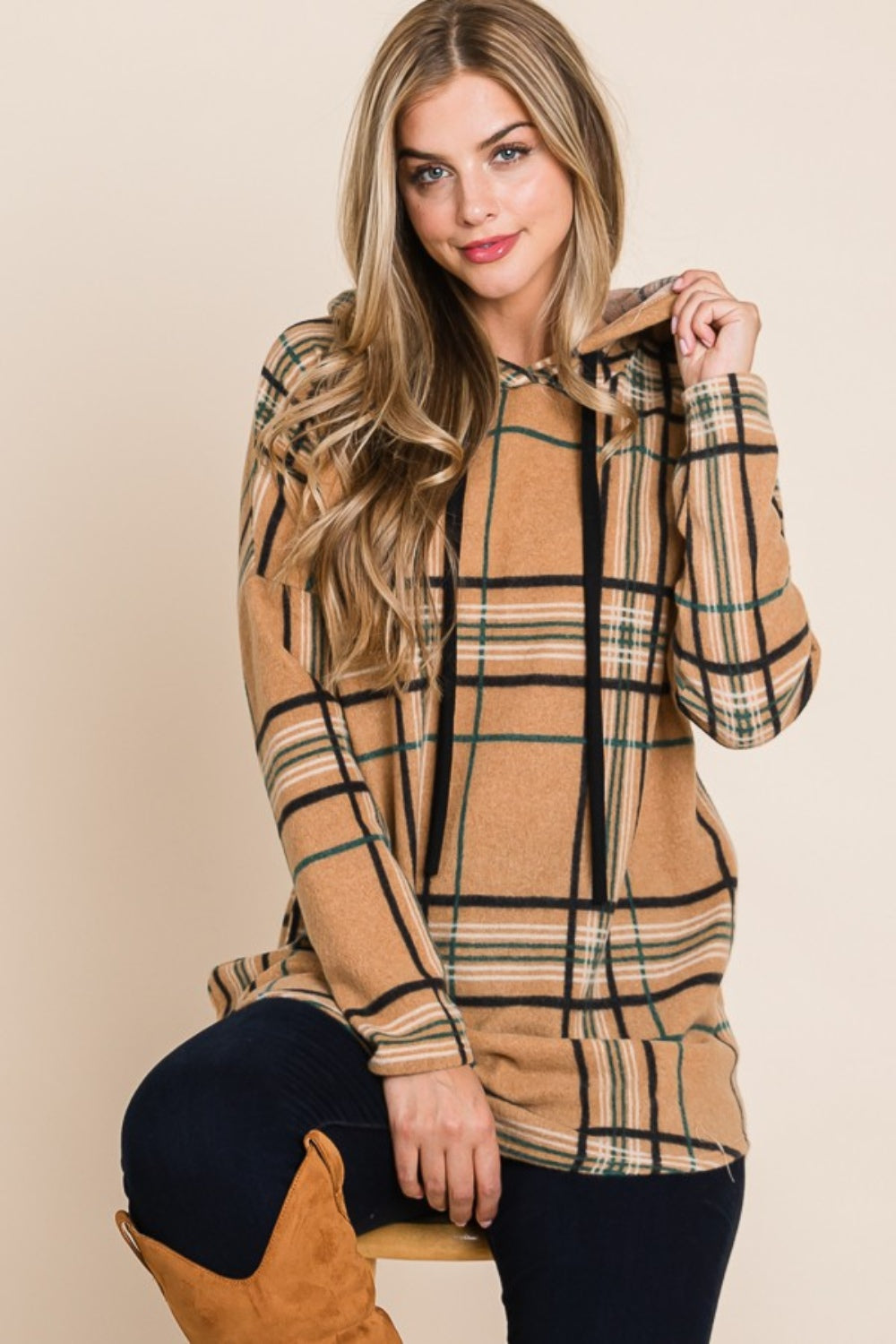 Maxct &BOMBOM Drawstring Plaid Long Sleeve Hoodie