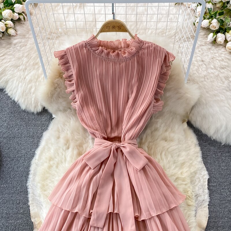 Women's Purple/Pink/Green Draped Dress Vintage Ruffle Stand Collar Sleeveless High Waist Party Pleated Vestidos Female New