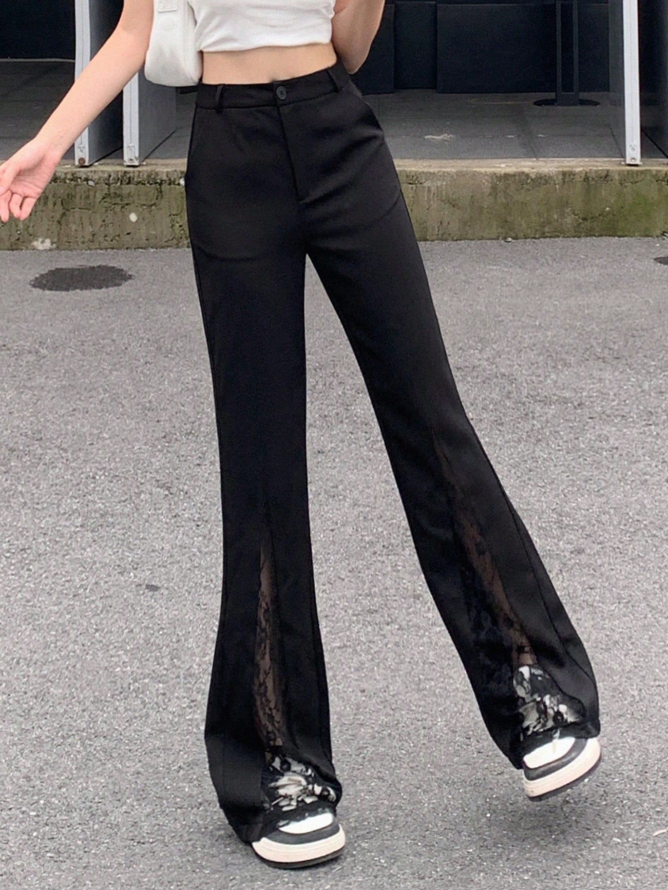 Maxct Women's Lace Splice Fashionable Daily Wear Suit Pants Wide-Leg Trousers
