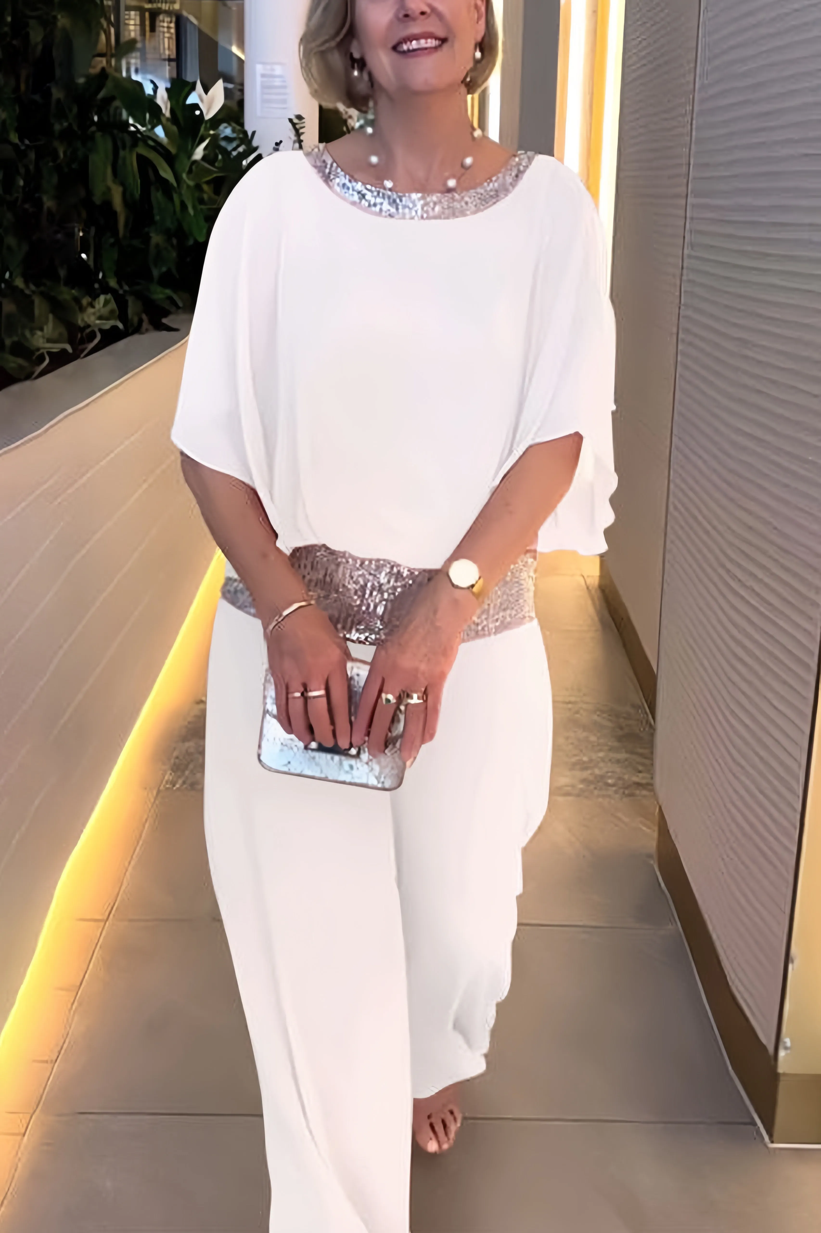 Maxct Sequins Patchwork Bat Sleeve Tops Pants Suits