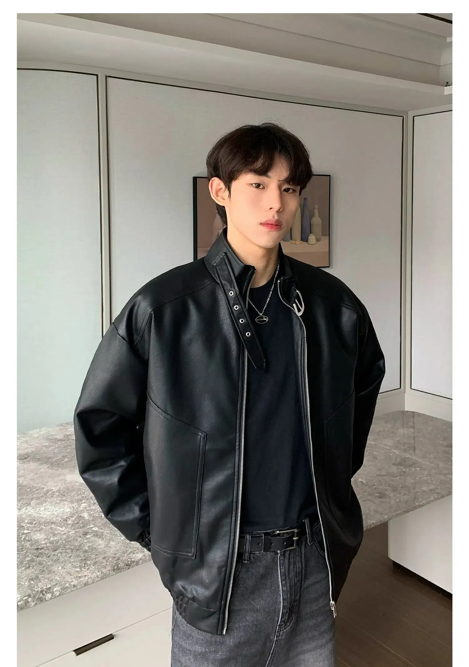 Maxct Buckle Stand Collar Motorcycle Leather Jacket