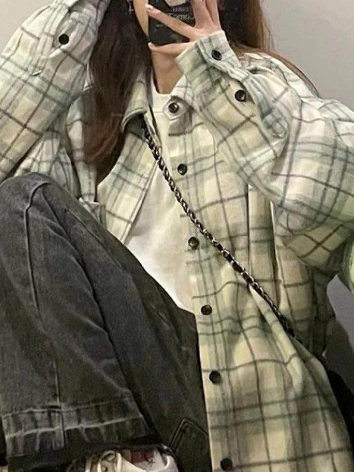 Maxct Vintage Plaid Print Brushed Long Sleeve Blouse