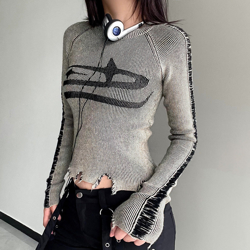 Maxct 2024 Fall Fashion Street Tattered Splice Frayed Hem Sweater