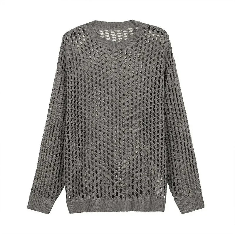 Maxct Summer Y2K Vintage Hollow Out Loose Knitting T-shirt Man All Match Geometic Tops Fashion Casual Outfits See-though Male Pullover