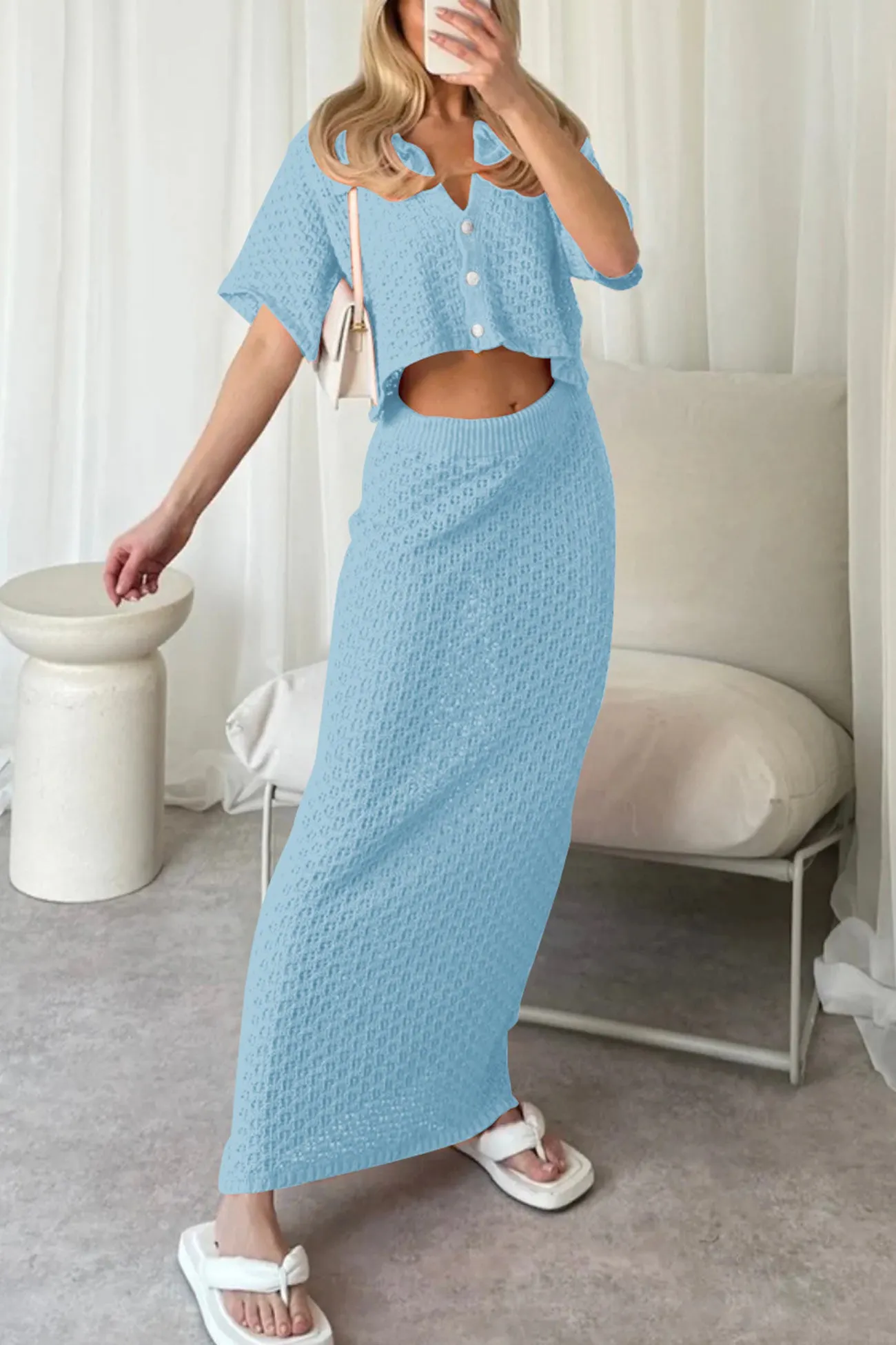 Maxct Hollow Out Crochet Blouses Midi Skirt Suits