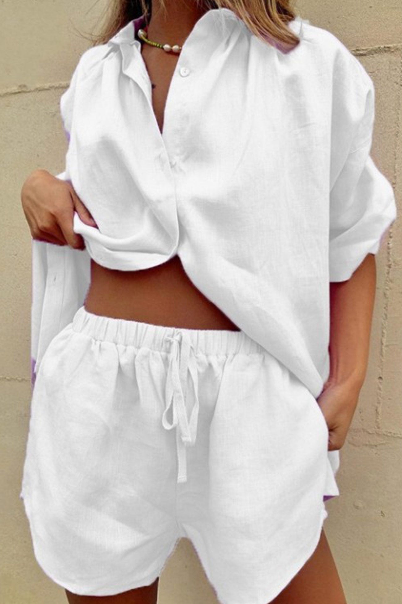 Maxct-Short Sleeve Single-breasted Shirt Drawstring Shorts Suits