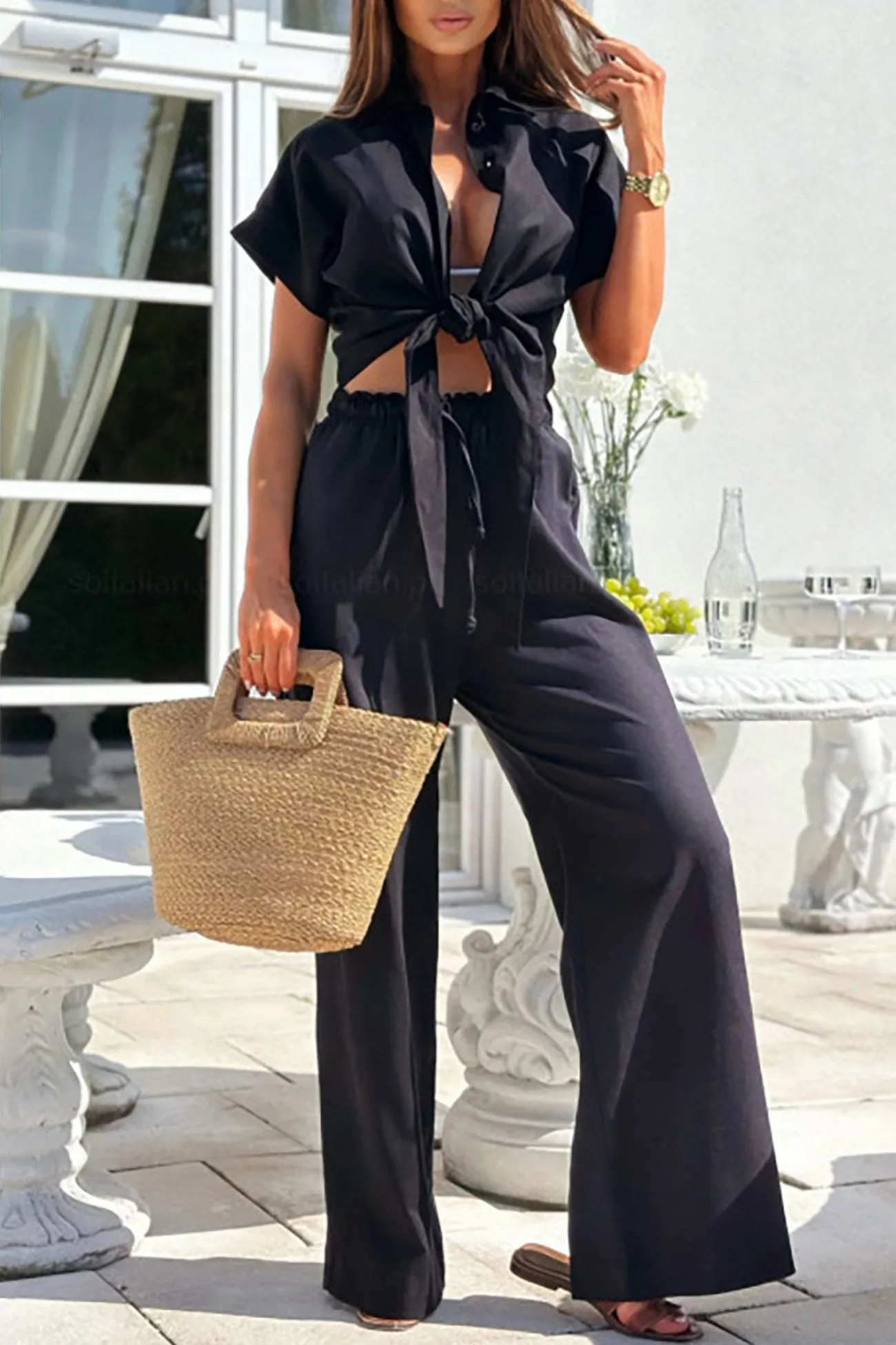 Maxct Solid Tie-up Crop Top Long Pants Suits