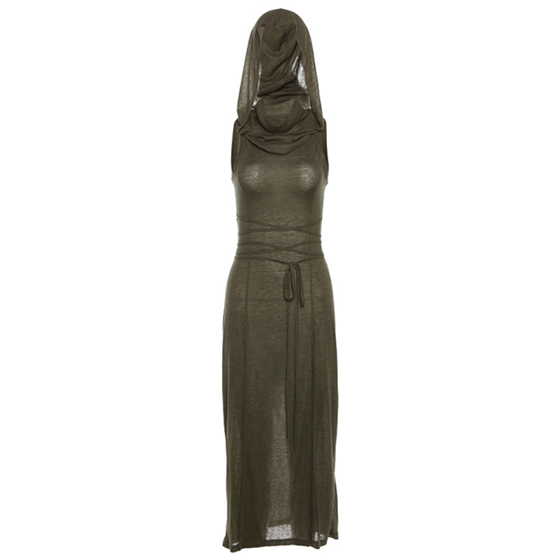 Wasteland Punk Dress y2k Solid Color Sleeveless Hollow Out Back Side Slit Hooded Dress 2000s Grunge Party Dresses