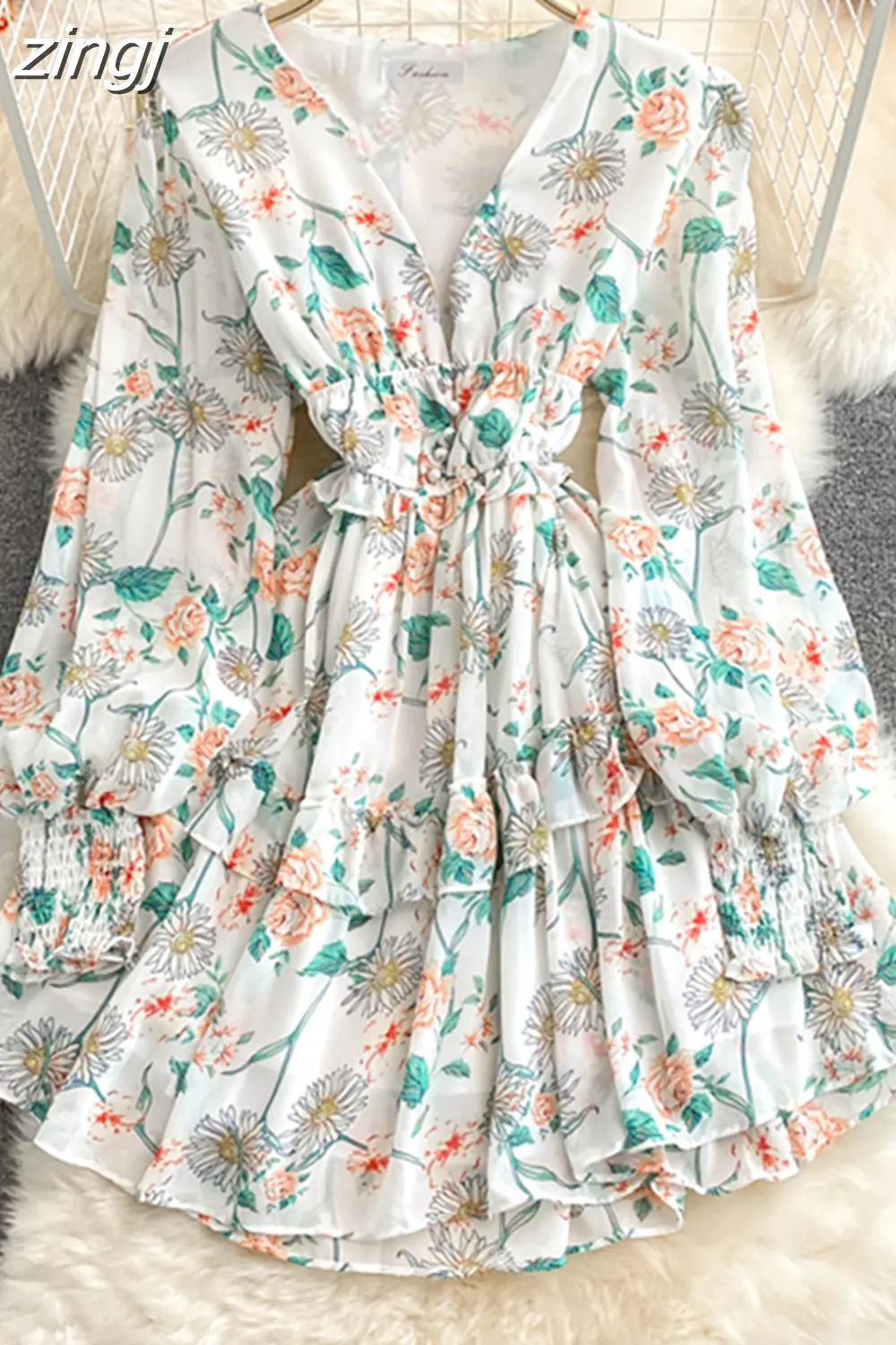 Maxct Women Green/Purple/Beige Floral Chiffon Dress Bohemian V-Neck Lantern Long Sleeve High Waist Ruffle Vestidos Female New