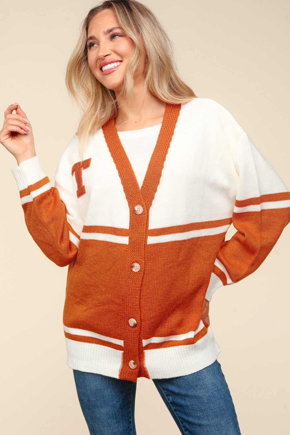 Maxct &Haptics Full Size V Neck Button Down Letter Patch Cardigan