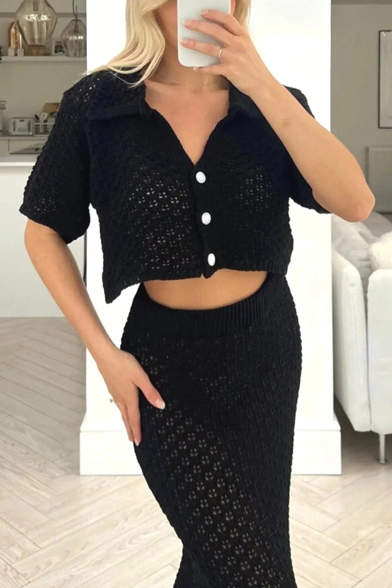 Maxct Hollow Out Crochet Blouses Midi Skirt Suits