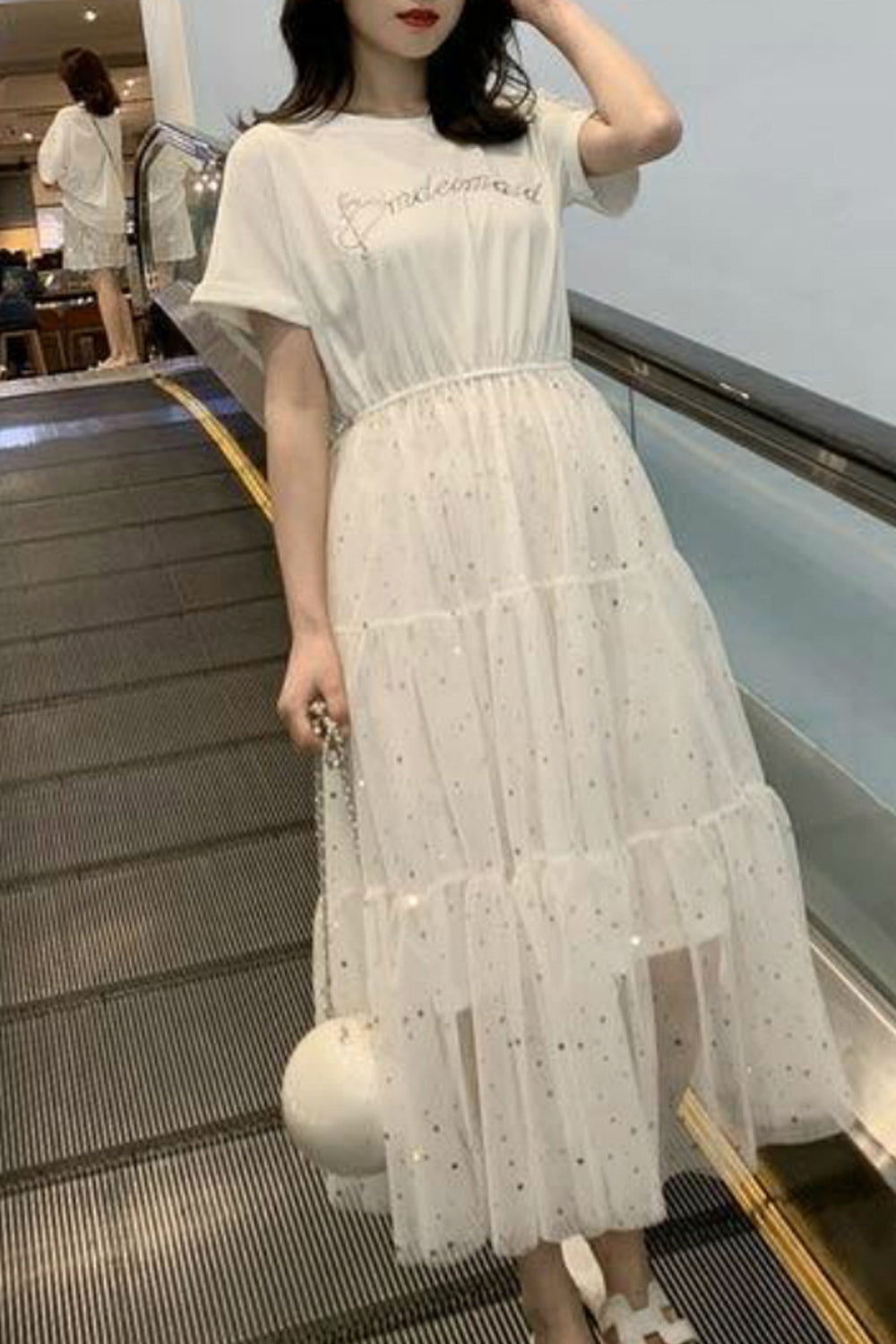 Loose O-Neck Casual Mesh Sequined Dress Maxct