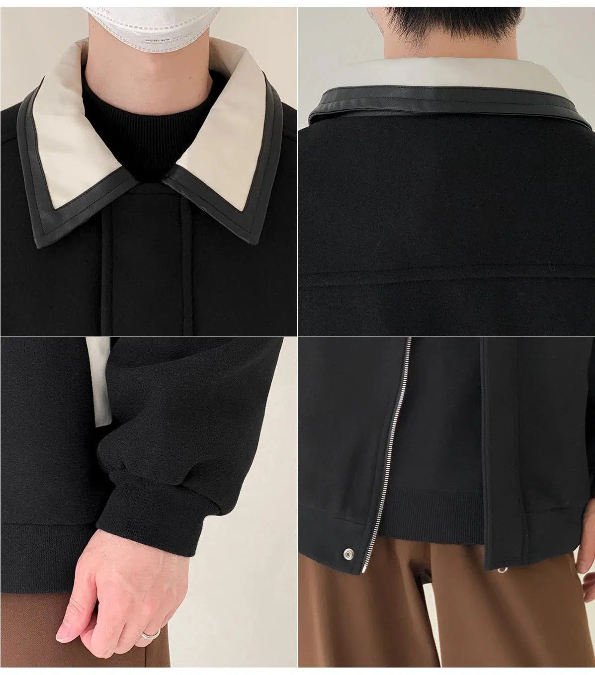 Maxct Contrast Color PU Leather Collar Wool Jacket