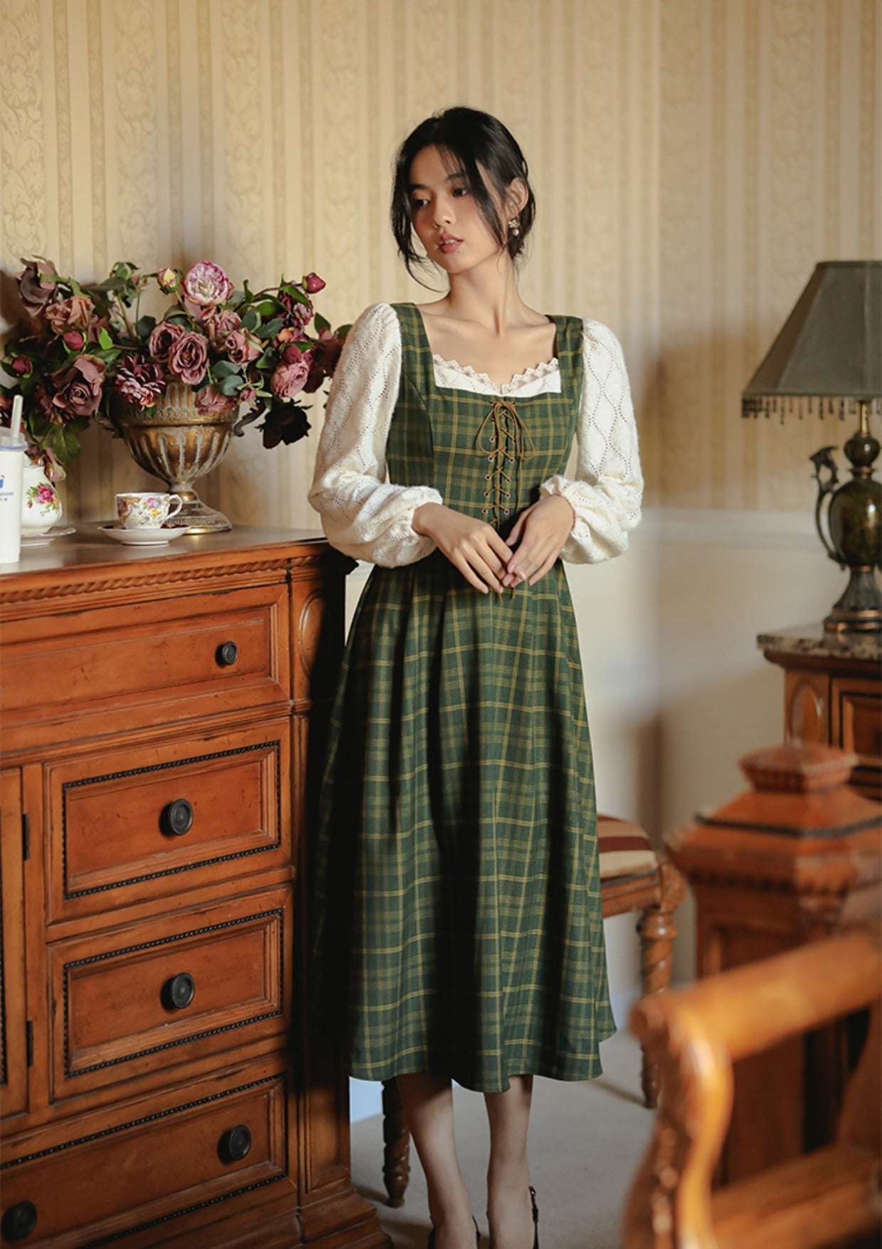Rustic Plaid Lace Up Corset Midi Dress Maxct