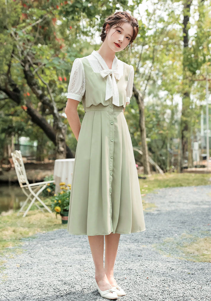 Button Up Tie Neck Twofer Midi Dress Maxct