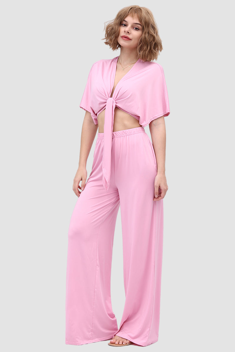 Maxct Deep V-neck Top & Elastic Wide Leg Pants