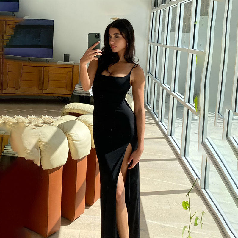 Open Back Lace Trim High Split Slip Maxi Dress - Black Maxct