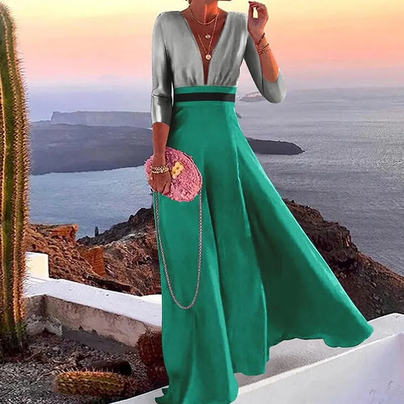 Maxct Summer Autumn Long Dress Fashion Retro Floral Print Sleeveless Holiday Dress Sexy Women Deep V Neck Elegant Party Dress