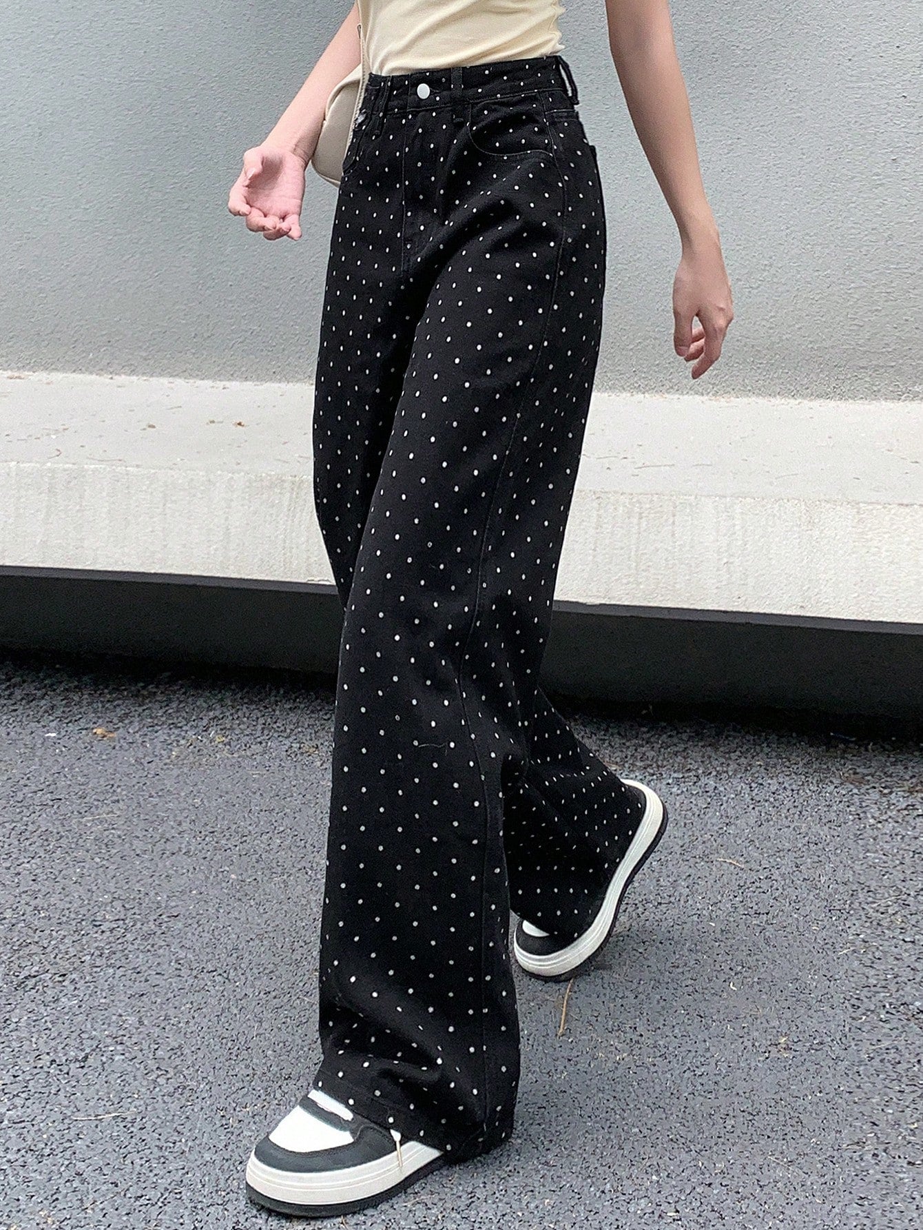Maxct Women's Polka Dot Printed Wide Leg Loose Casual Denim Pants With Pockets
