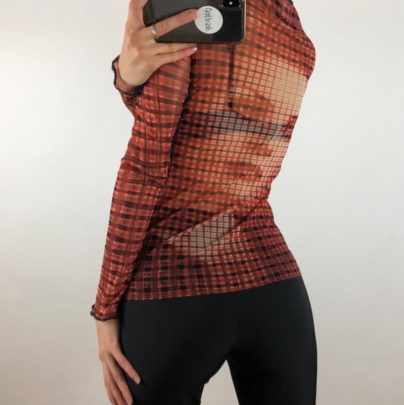 Gothic Black Pachtwork Mesh Sheer T-shirt Graphic 90s Vintage Women Long Sleeve Slim Fit Crop Top Harajuku Streetwear