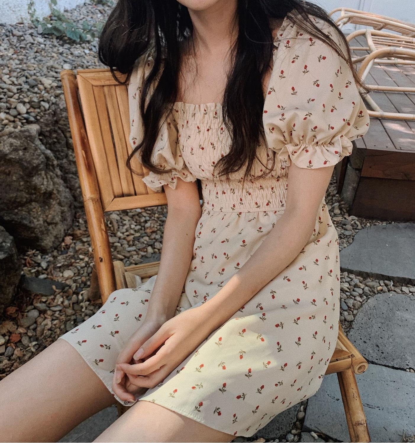 Square Collar Floral Chiffon Dress Maxct