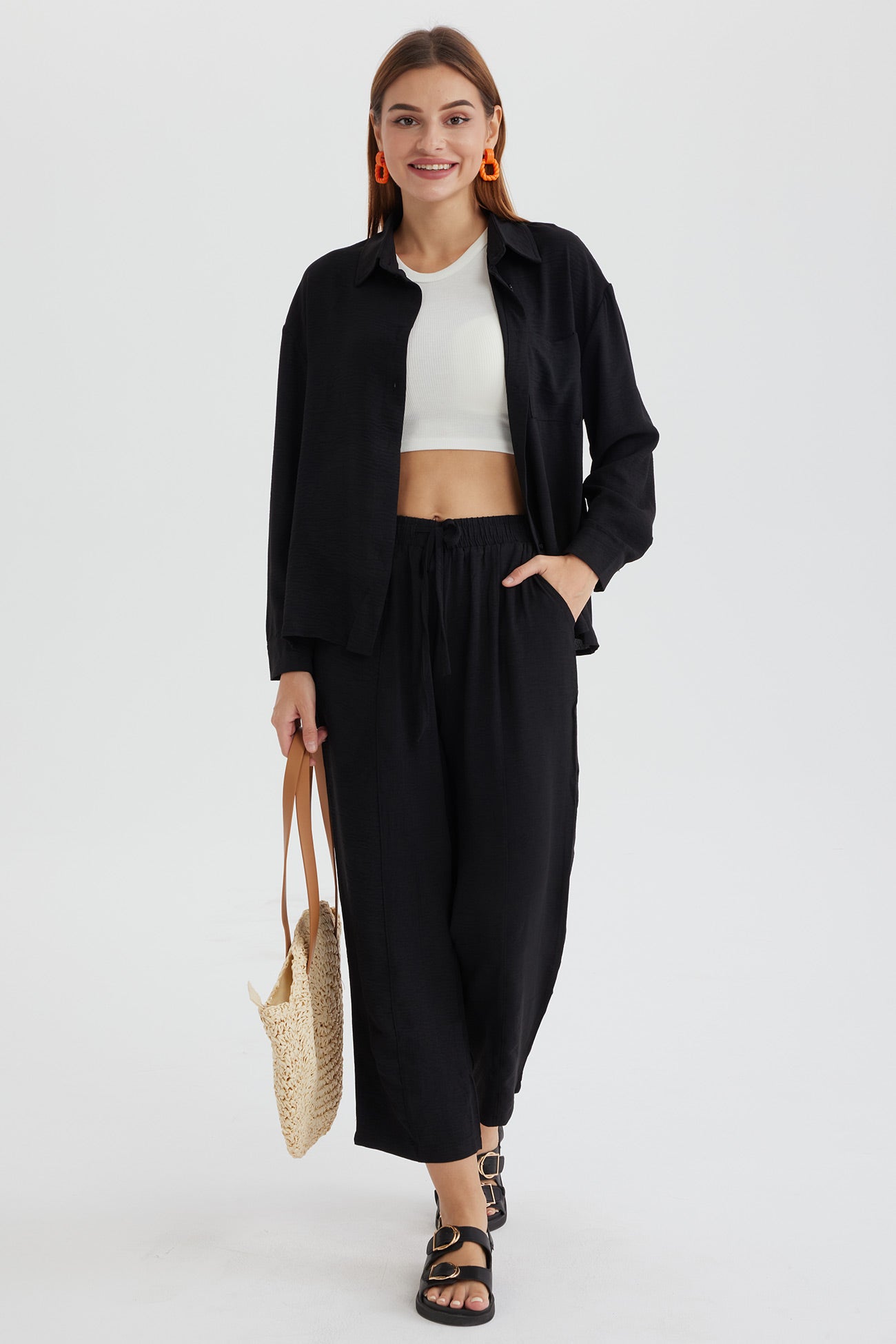 Maxct Long Sleeve Solid Color Shirt Long Pants Set - Image 45