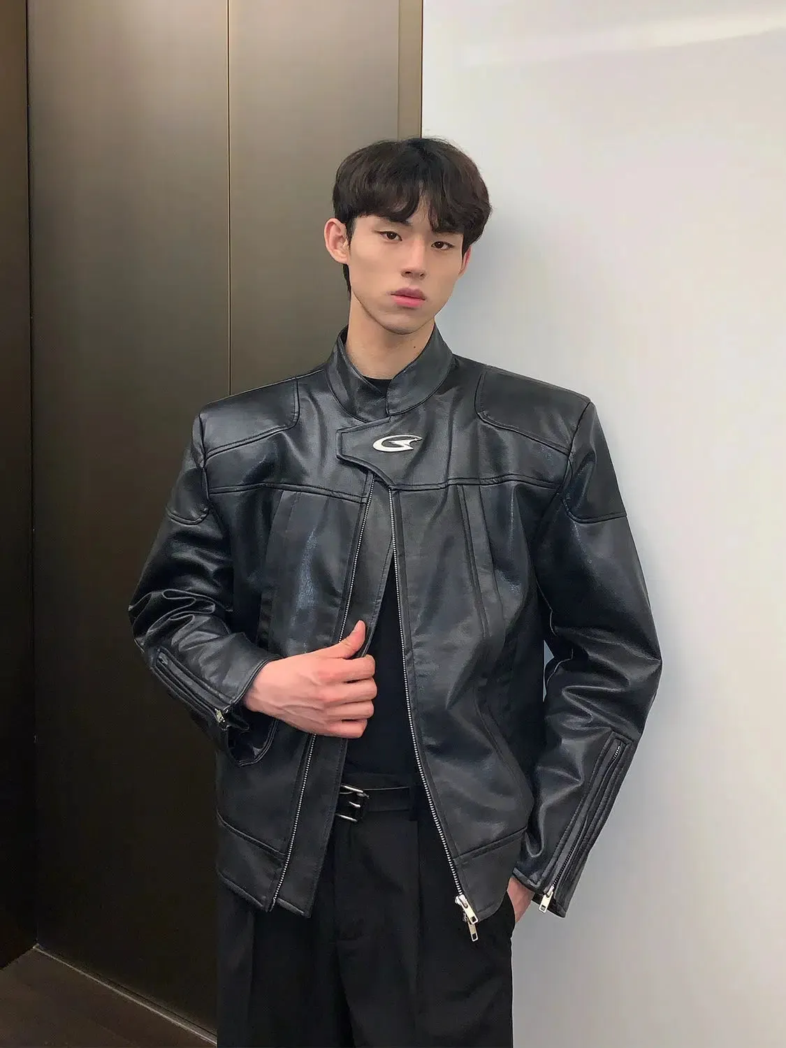 Maxct Stand Collar Leather Jacket with Shoulder Pads