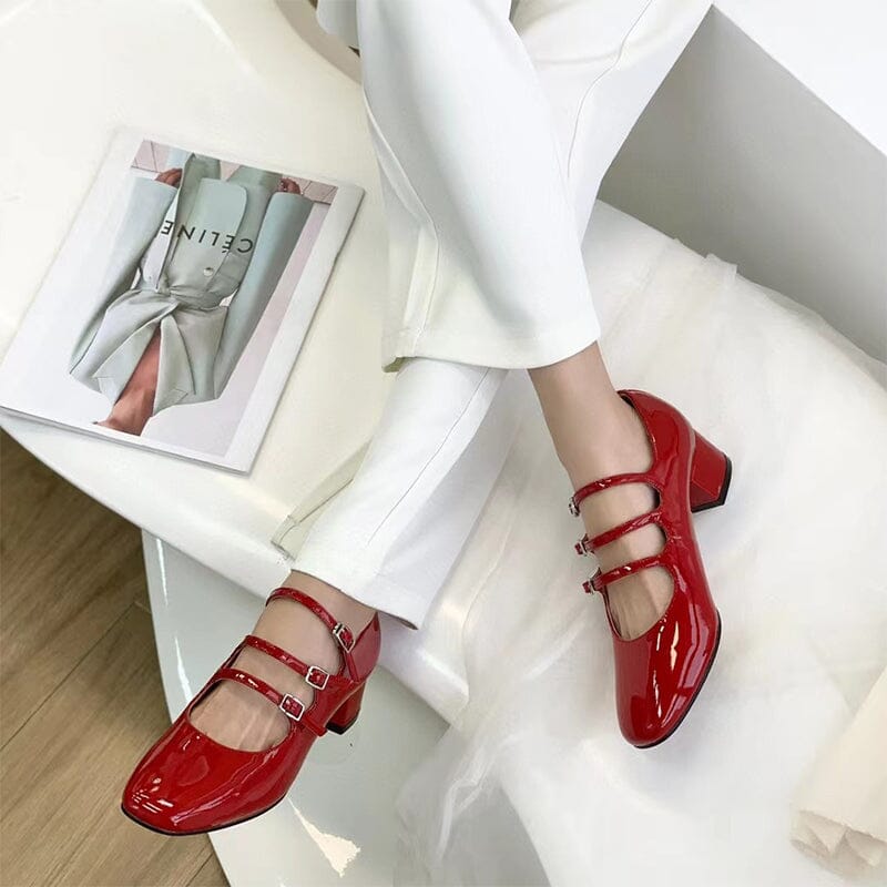 Handmade Mary Jane Shoes 40mm Triple-strap Pumps Block Heel Maxct